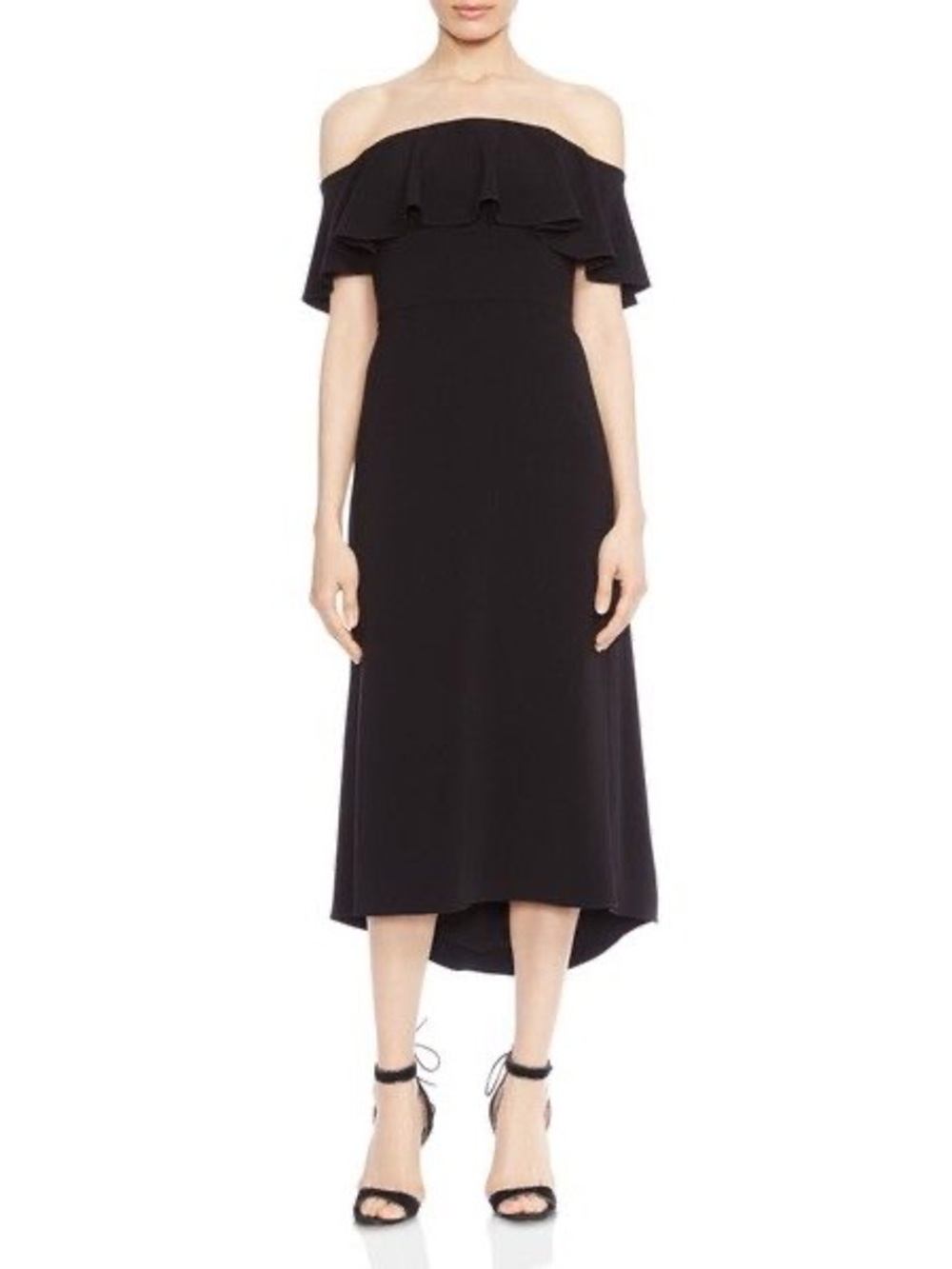 Halston Heritage Black One-Shoulder Ruffle Midi Dress